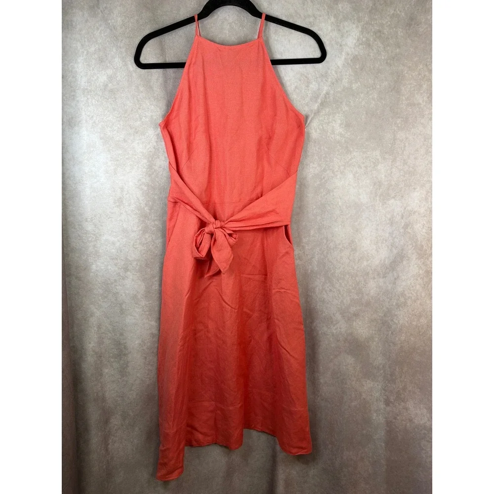 LOFT Dress Womens 0 Coral Linen Blend Halter Tie Waist Midi Sun‎ Dress Pockets